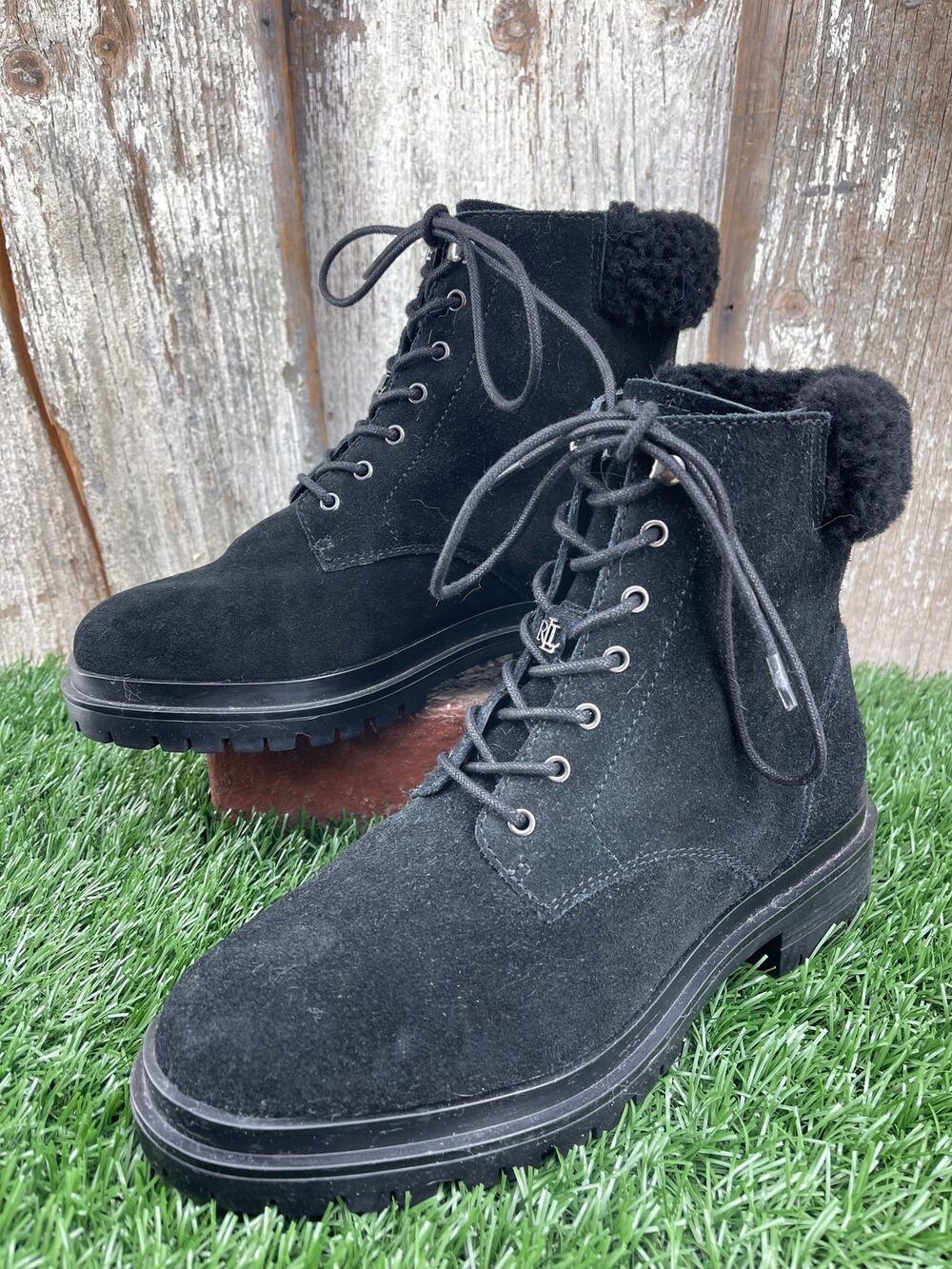 Lauren Ralph Lauren Carlee Black Suede Combat Boots Faux-shearling Women's 7.5